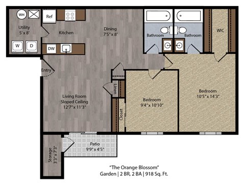 A floor plan of a two bedroom, two bathroom apartment with a living room and dining room.